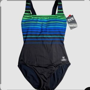 TYR Women's Durafast Elite Black/green Panama Scoop Neck Control Fit Sz 24 NWT